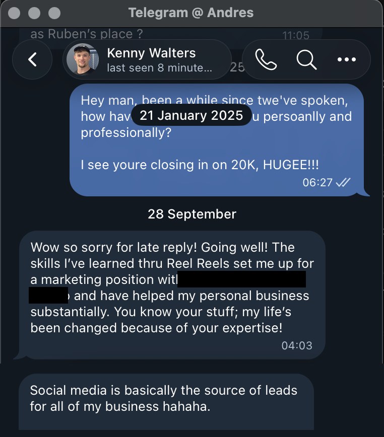 Kenny Walters message: the skills he learned landed him a marketing position, and social media is now the source of leads for his business.