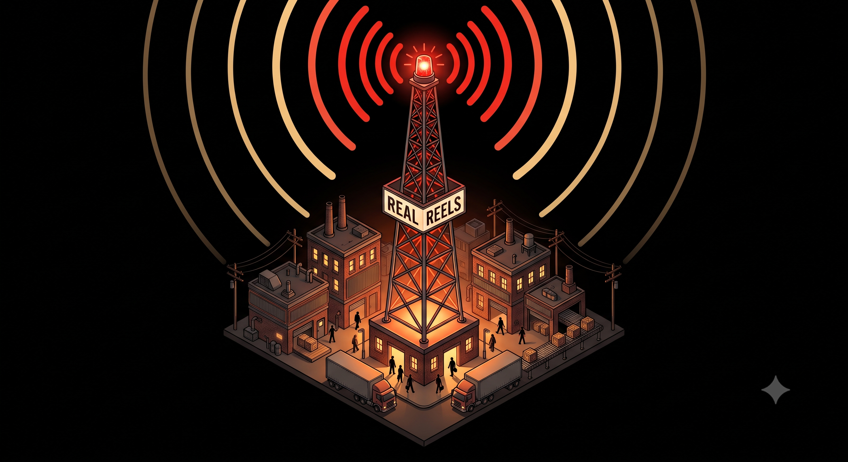 Real Reels broadcast tower — raw footage in, signal out